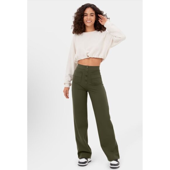 Halara High Waisted Straight Leg Sz Small Tall Womens Green Button Multi Pockets - Picture 10 of 14